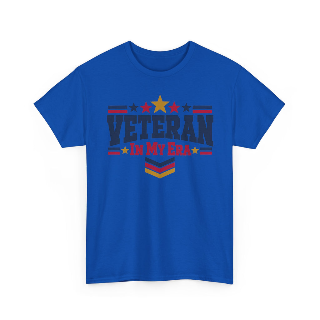 Blue veteran graphic t-shirt with stars-and-stripes “Veteran in My Era” print
