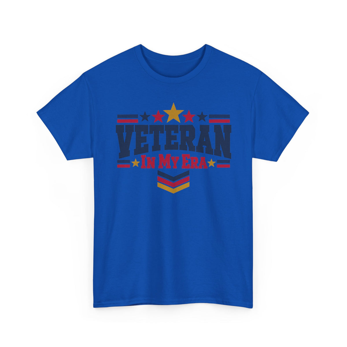 Blue veteran graphic t-shirt with stars-and-stripes “Veteran in My Era” print