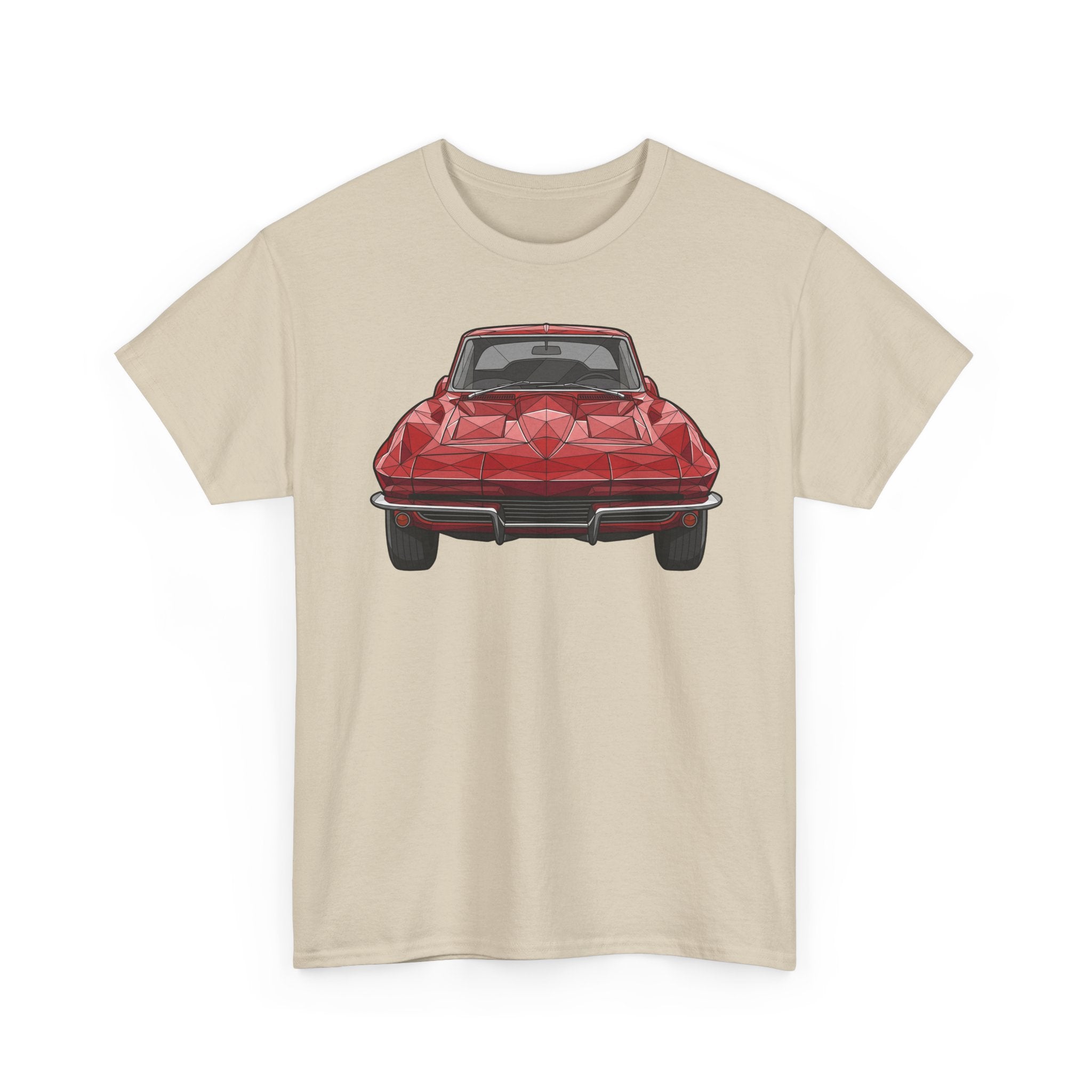 Sand crew-neck T-shirt with centered red sports coupe graphic, front view