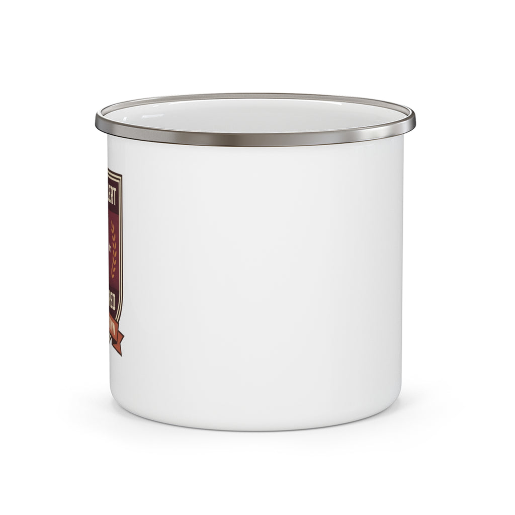 White enamel camping mug, gray rim and side view, no visible graphic