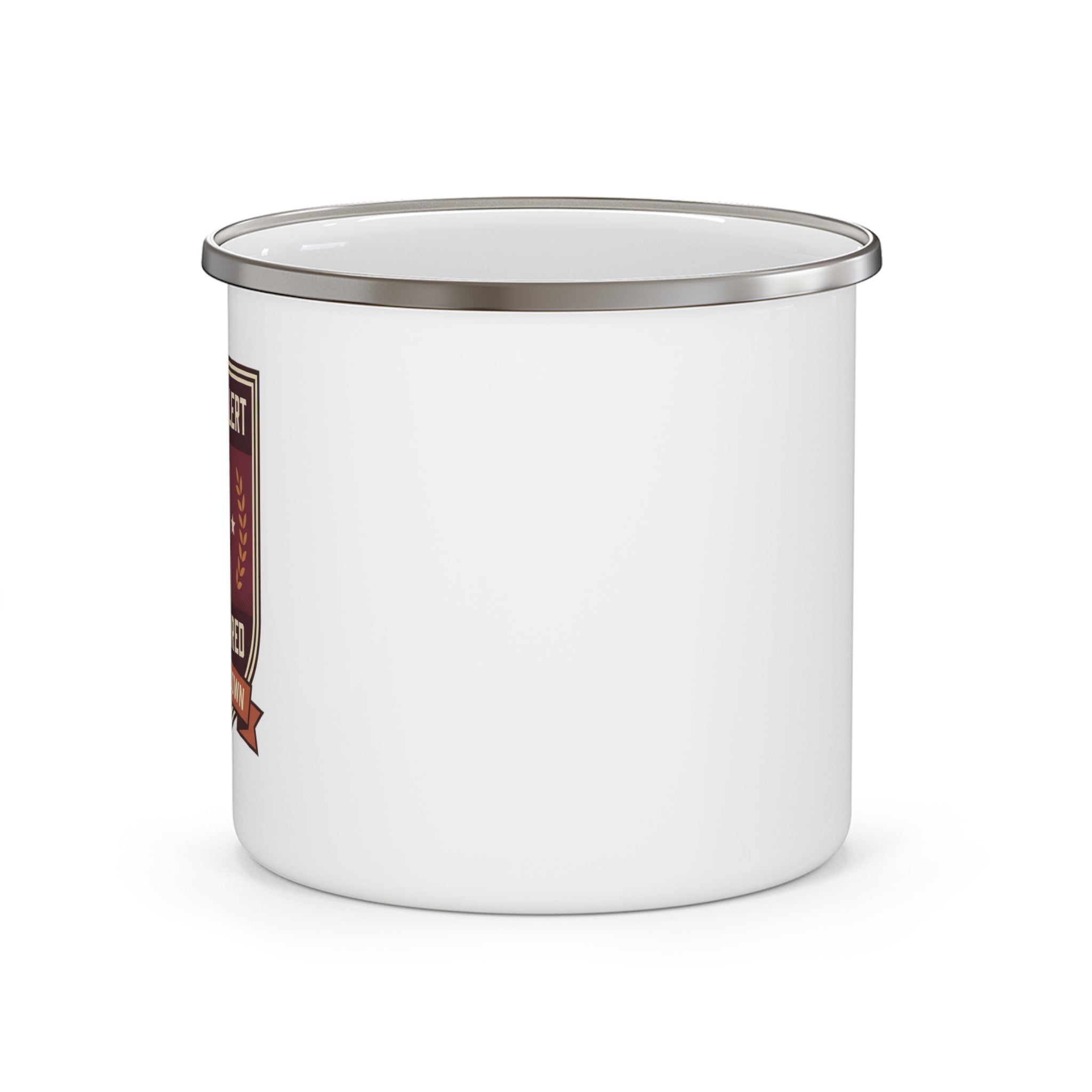 White enamel camping mug, gray rim and side view, no visible graphic