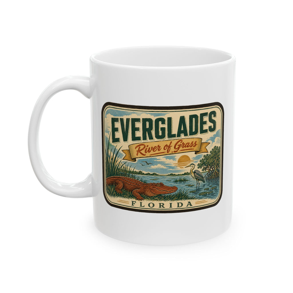 White ceramic mug with Everglades River of Grass Florida graphic and handle
