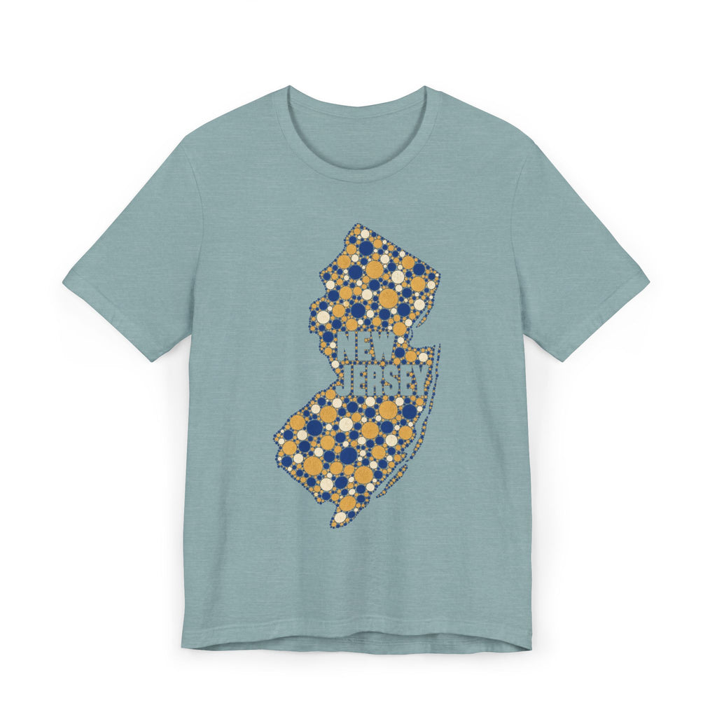 Dusty blue T-shirt with speckled floral New Jersey outline graphic in blue and gold