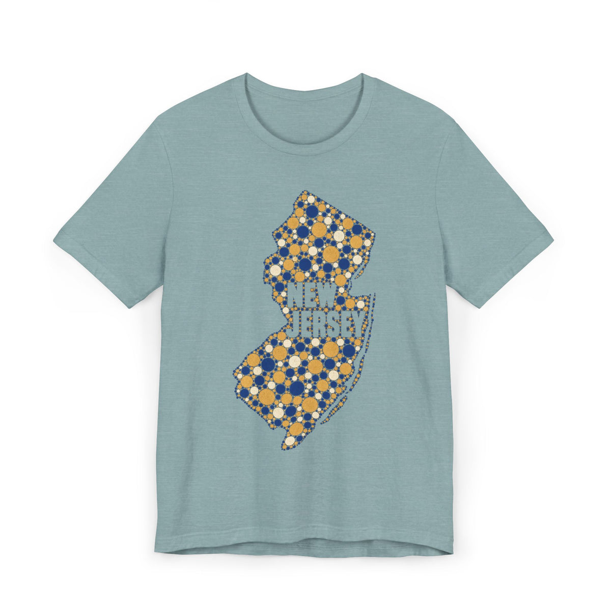 Dusty blue T-shirt with speckled floral New Jersey outline graphic in blue and gold