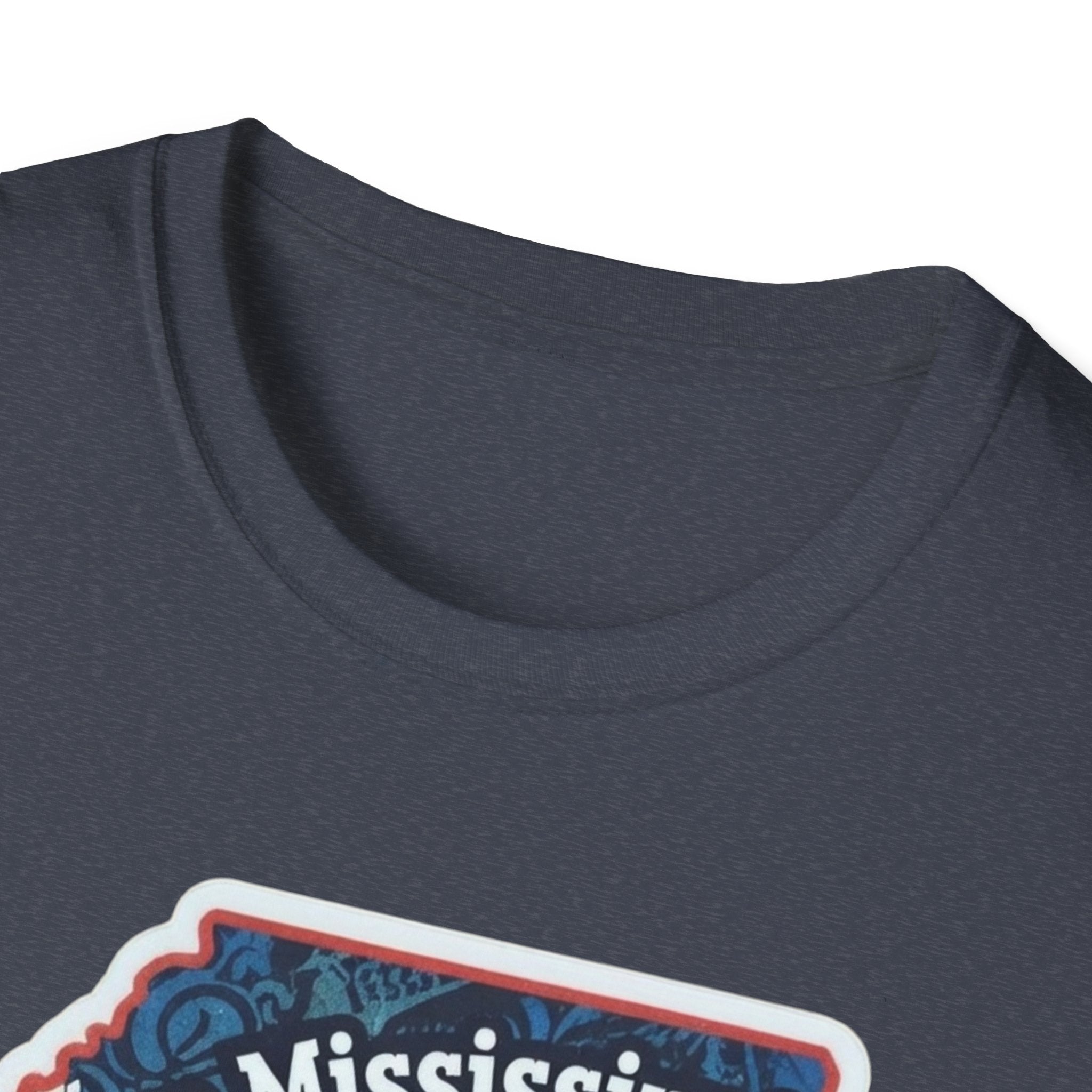 Dark gray crew neck with part of "I am Mississippi" graphic