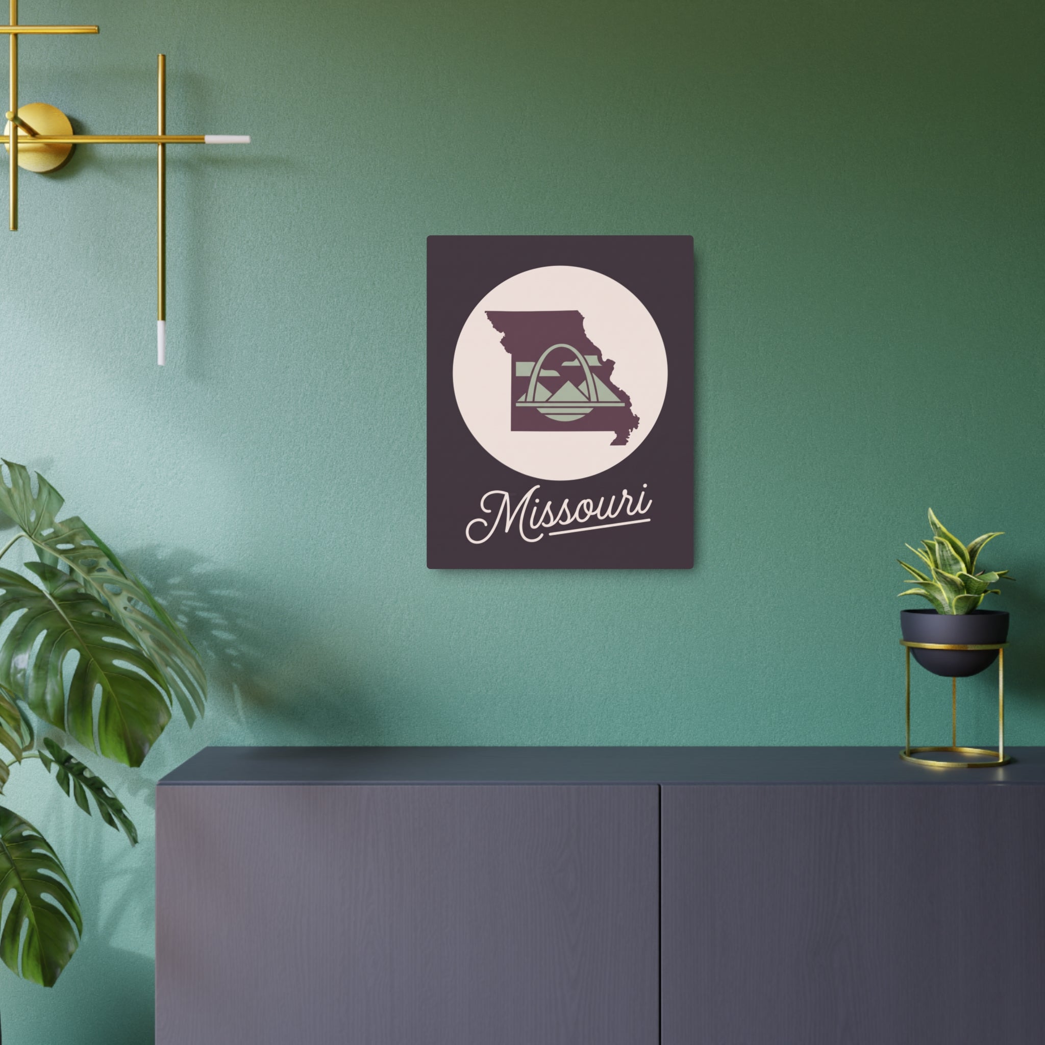 Mauve metal Missouri silhouette wall art plaque with circular emblem and cursive 'Missouri'.