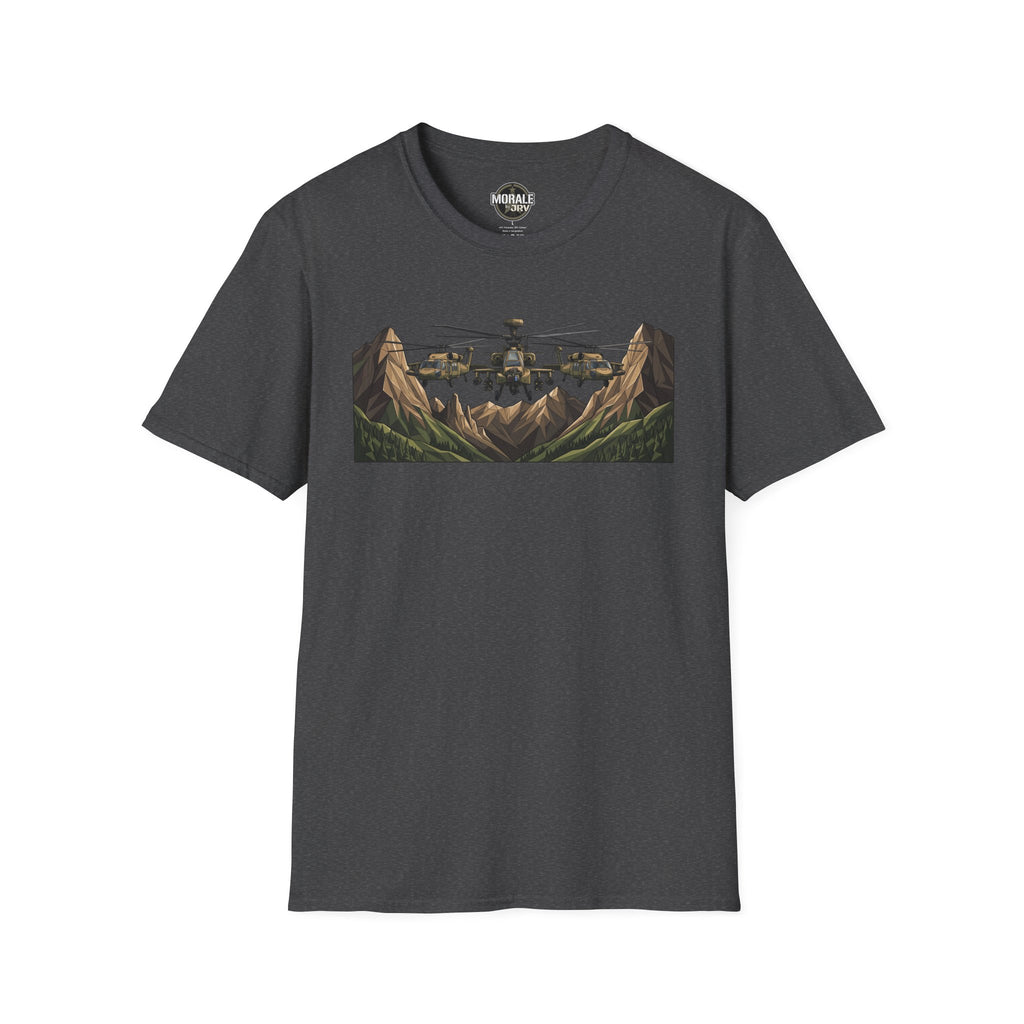 Military helicopter landscape graphic T-shirt, dark charcoal gray, front print