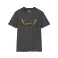 Military helicopter landscape graphic T-shirt, dark charcoal gray, front print