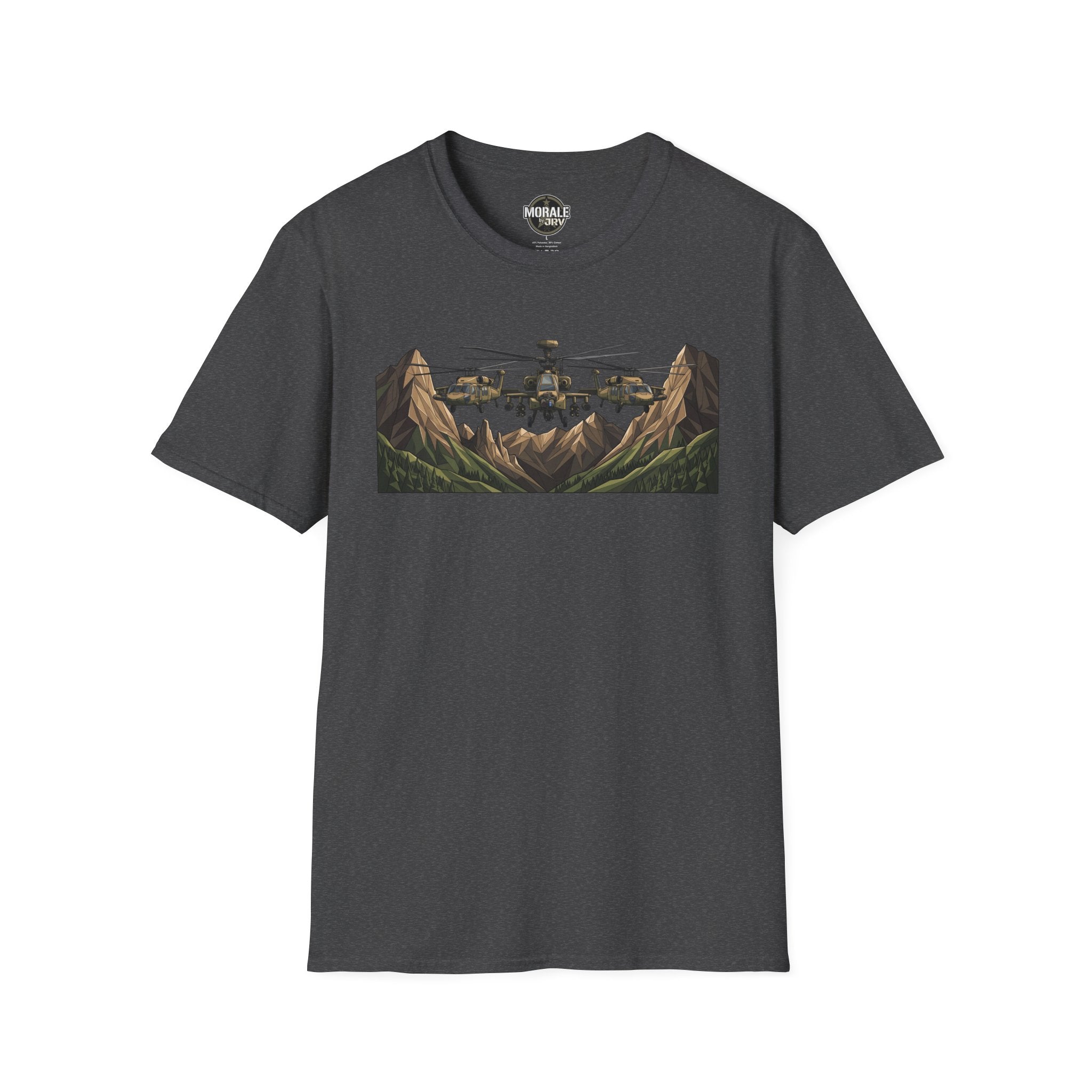 Military helicopter landscape graphic T-shirt, dark charcoal gray, front print