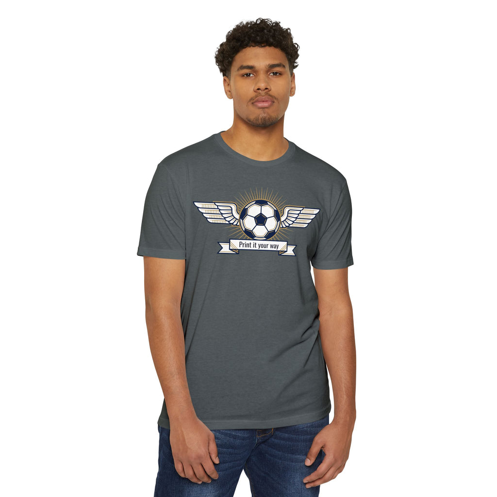 Vintage soccer T-shirt, front with winged ball emblem and ribbon, dark gray