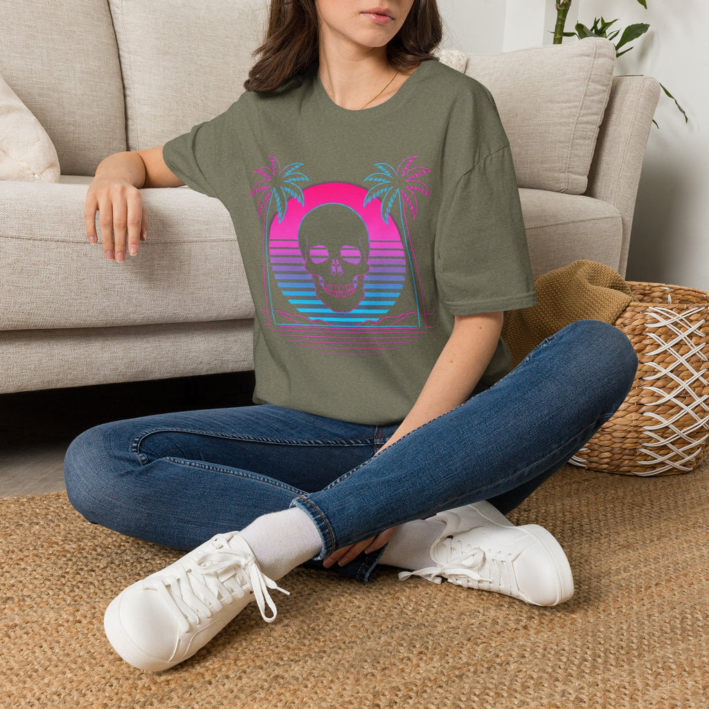 Unisex olive T-shirt with neon skull and palm sunset graphic