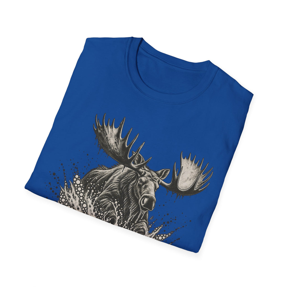 Royal blue moose graphic T-shirt with roaring bull moose and antlers print