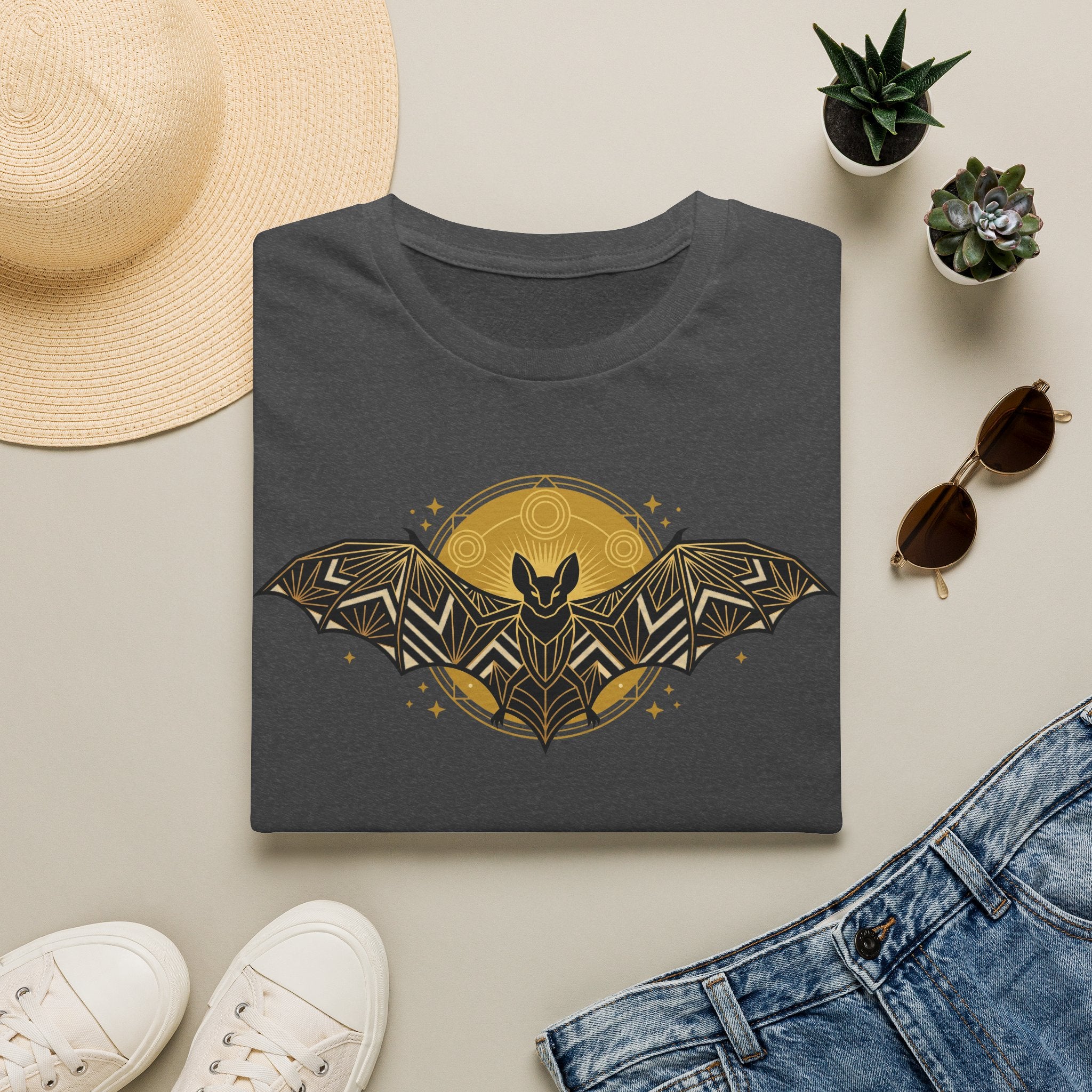 Dark heather T-shirt with gold geometric bat and moon graphic