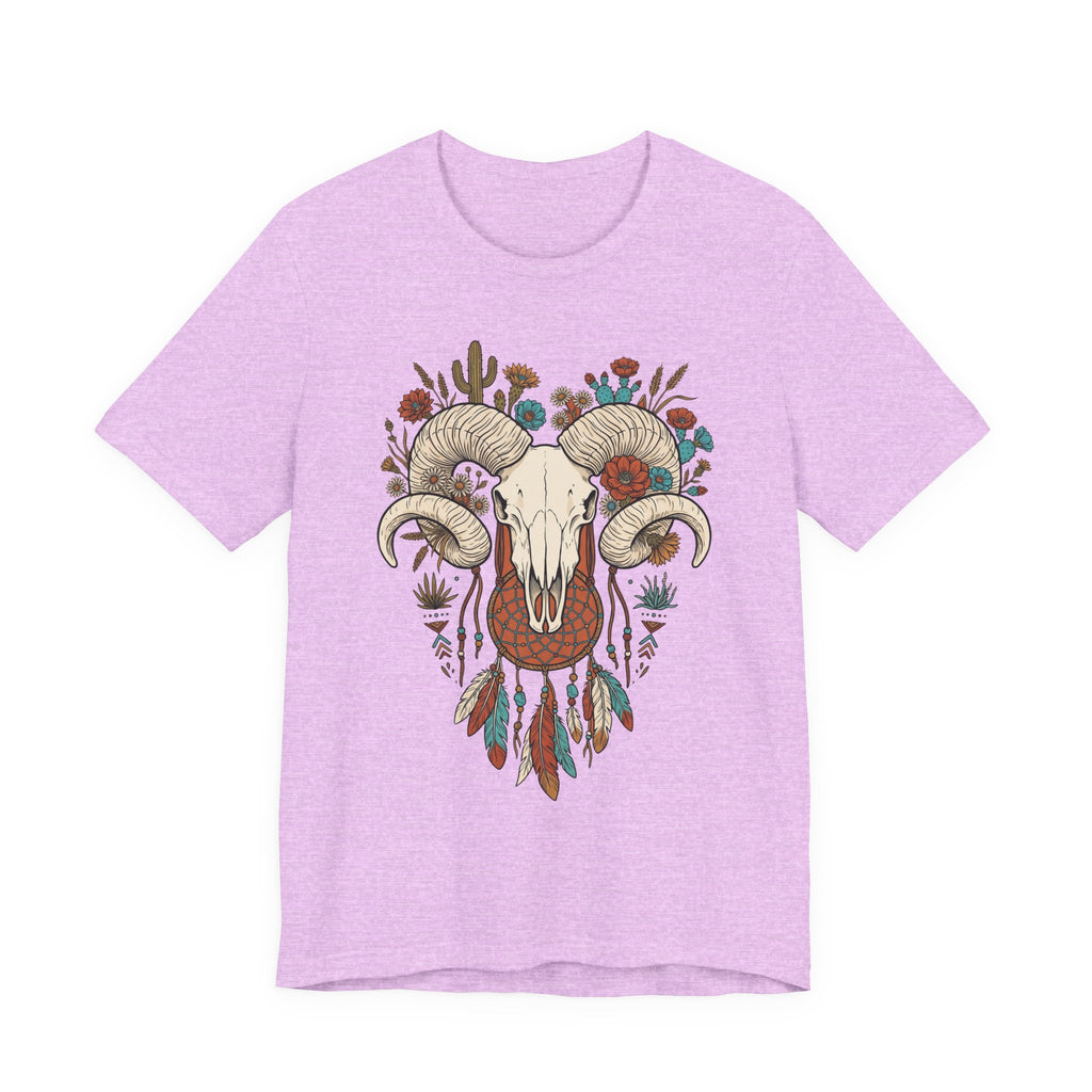 Ram skull with horns graphic T-shirt, lavender front