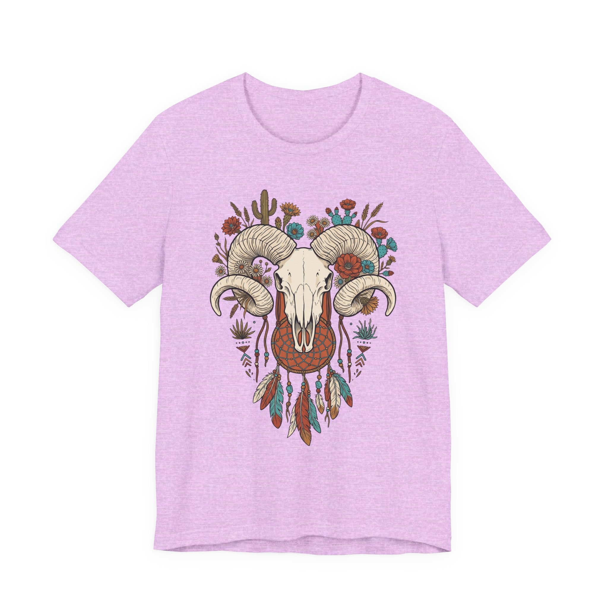 Ram skull with horns graphic T-shirt, lavender front