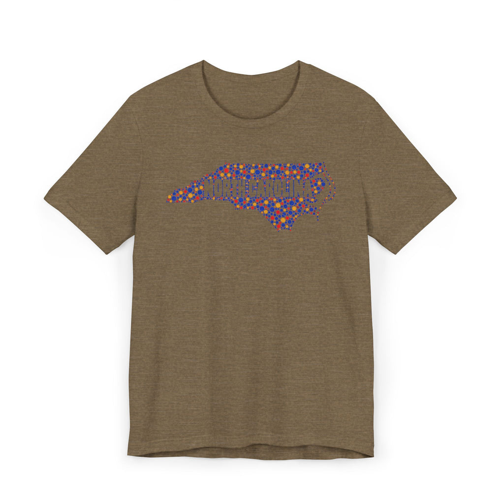 Brown T-shirt with colorful North Carolina floral map outline graphic on chest