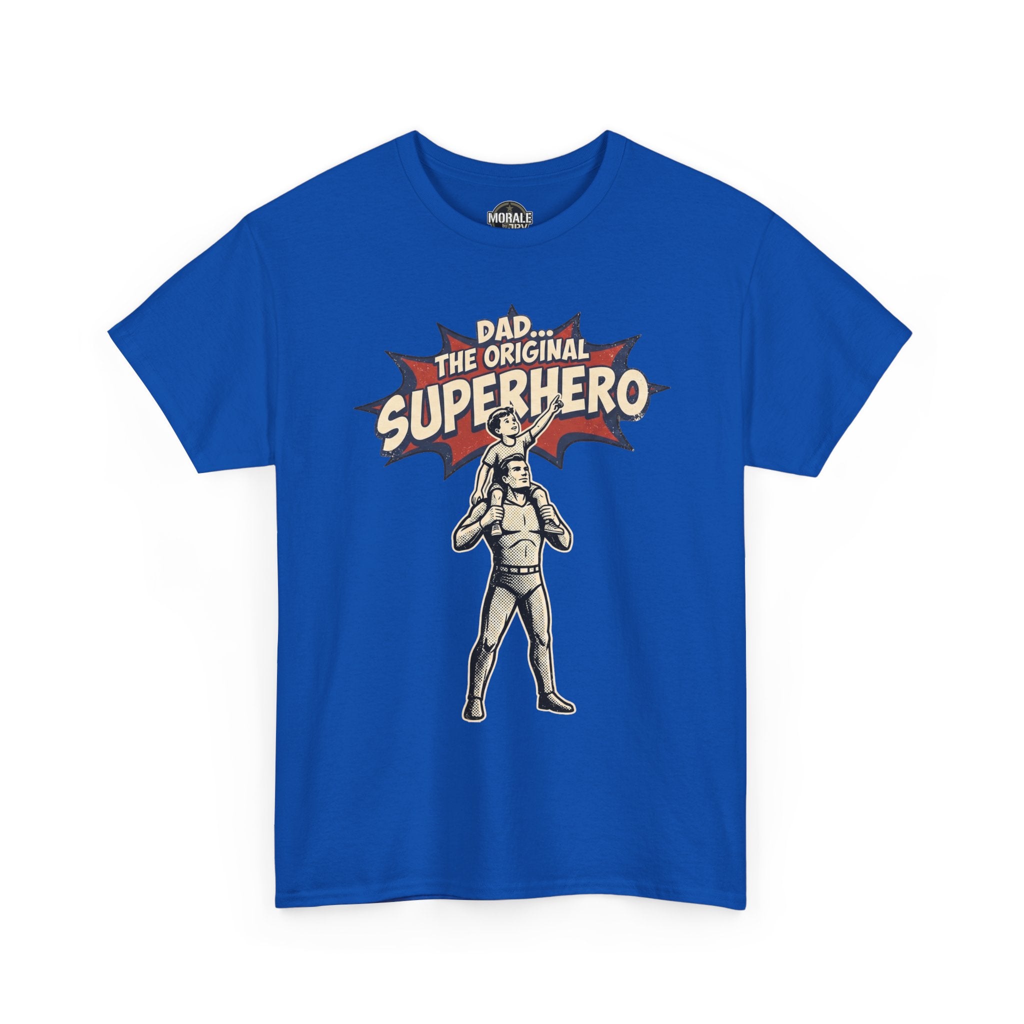Bright blue crew-neck T-shirt with superhero dad comic graphic on the front.