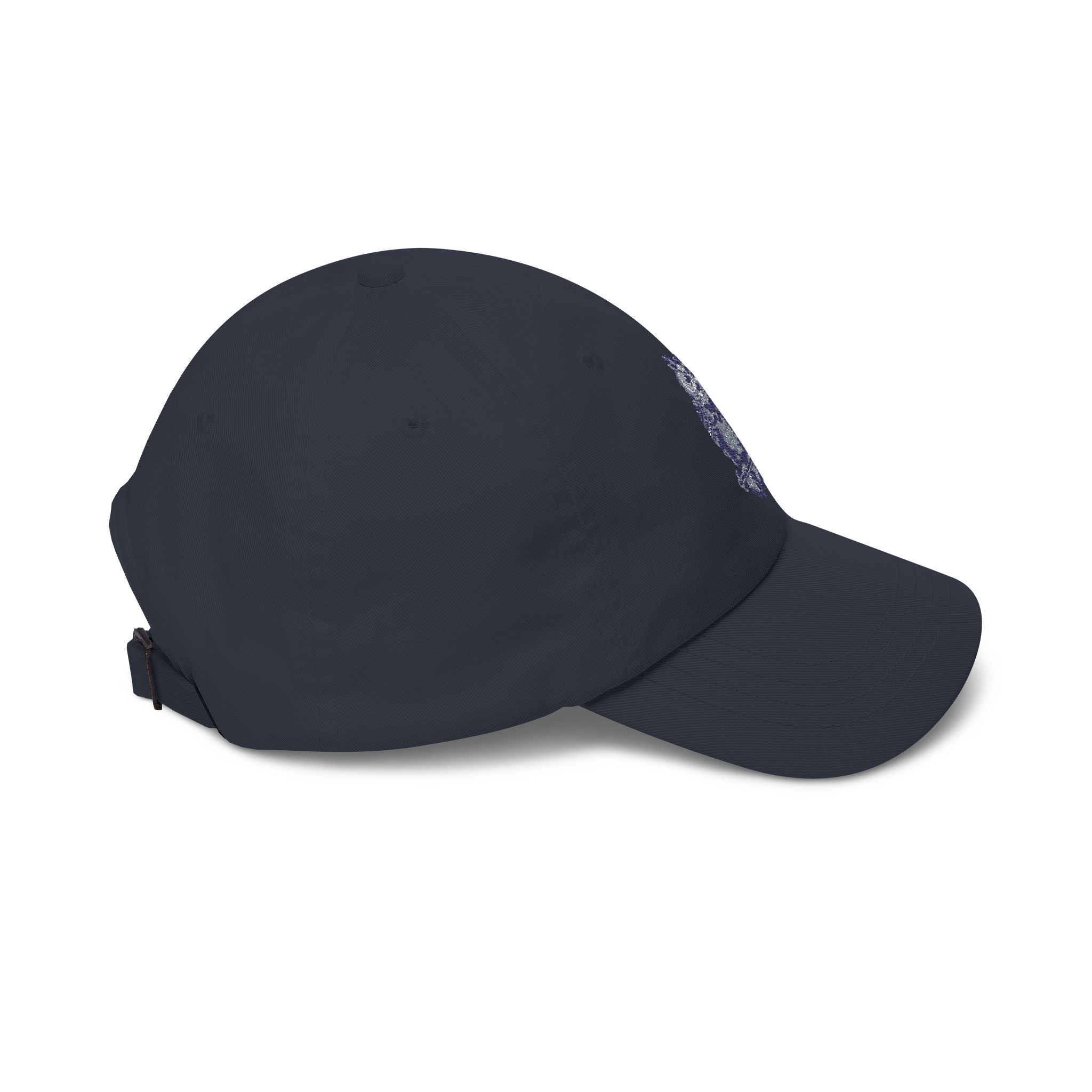 Navy dad cap with embroidered owl detail, curved brim and low-profile crown