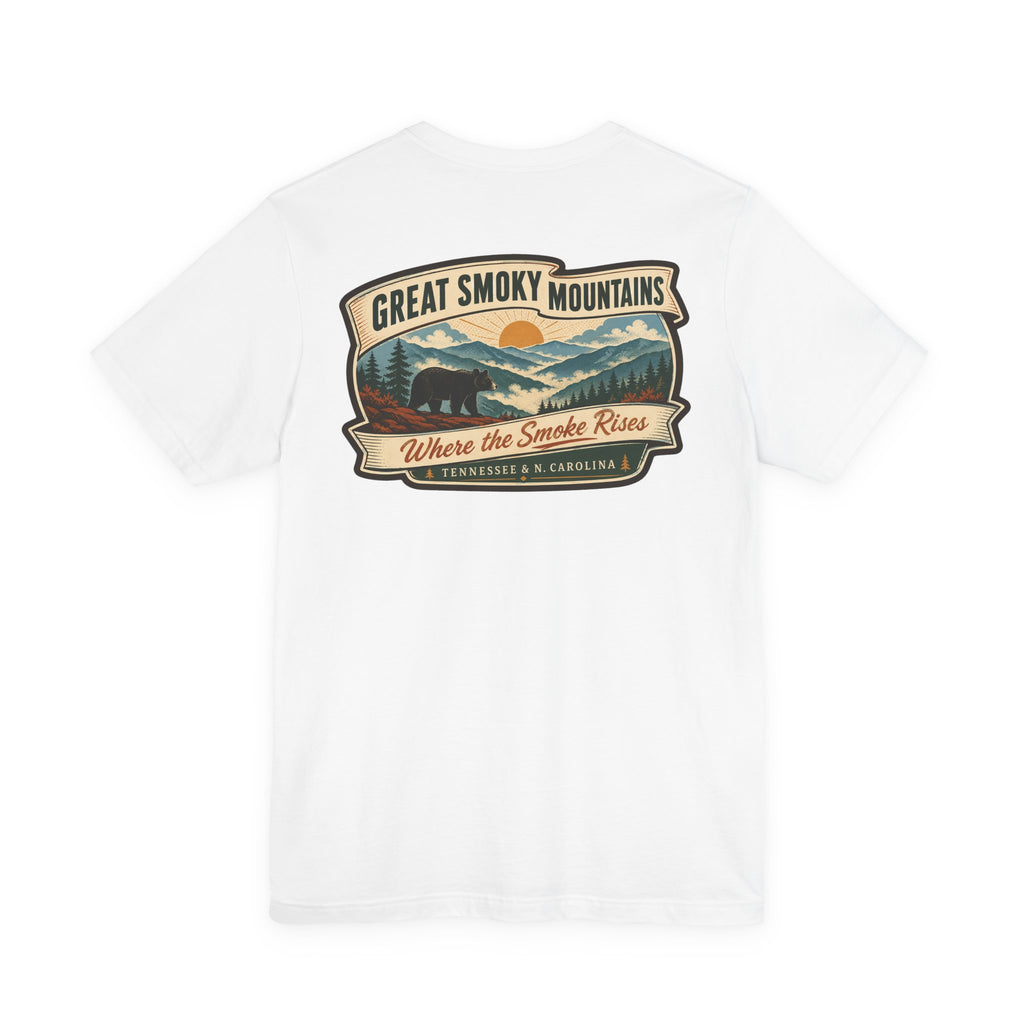 White crew-neck T-shirt with Great Smoky Mountains retro landscape back print