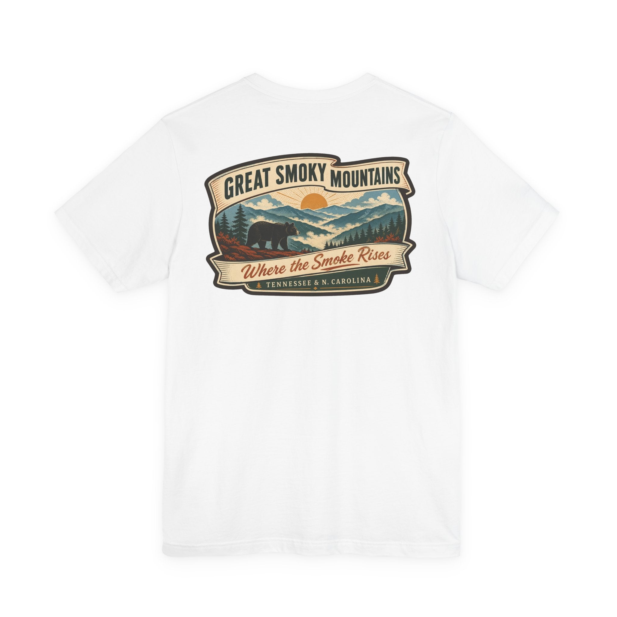 White crew-neck T-shirt with Great Smoky Mountains retro landscape back print