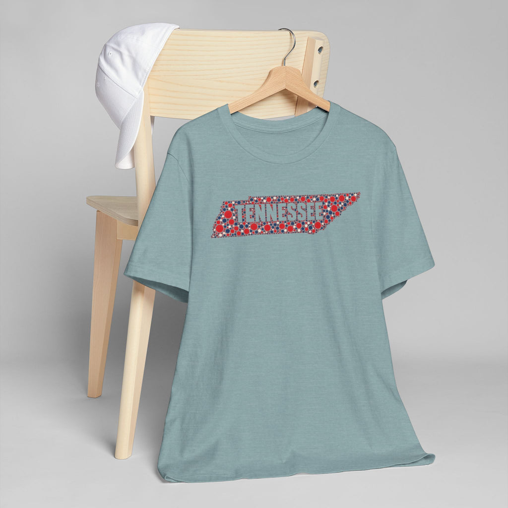 Blue-green crewneck T-shirt with colorful Tennessee outline floral graphic
