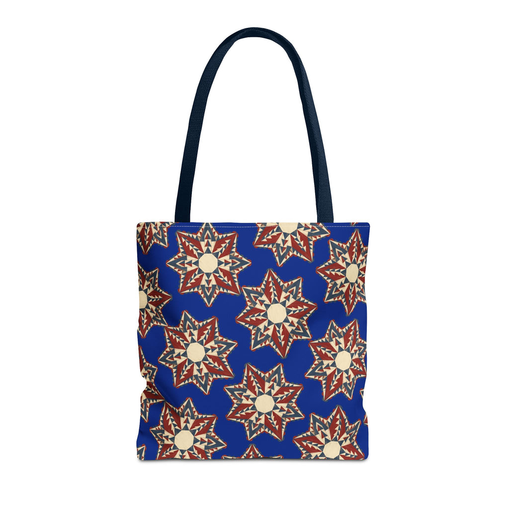 Blue tote bag with starburst floral mandala pattern and navy handles, square shape