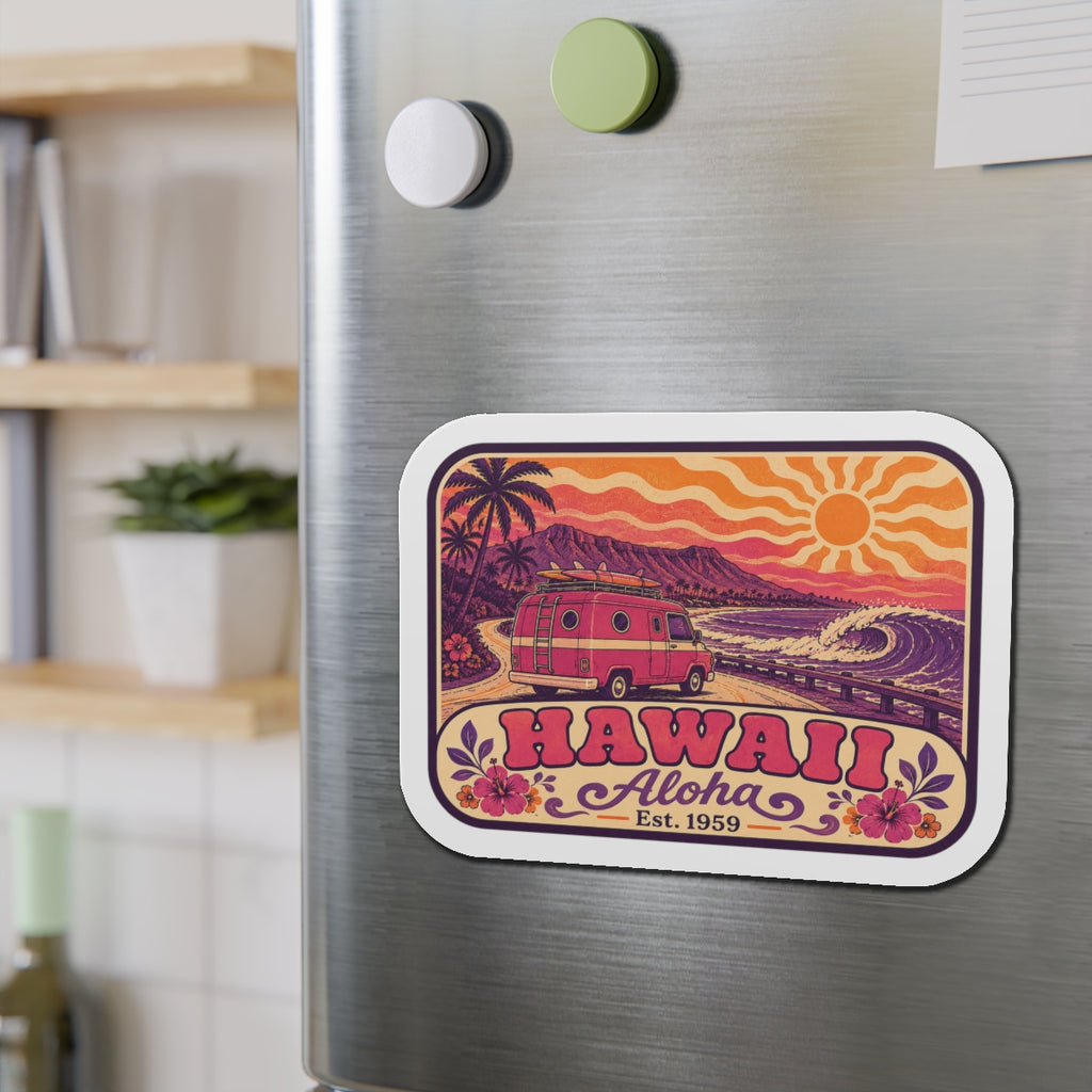 Die-cut Hawaii aloha magnet with vintage bus on road and palm trees, Est. 1959