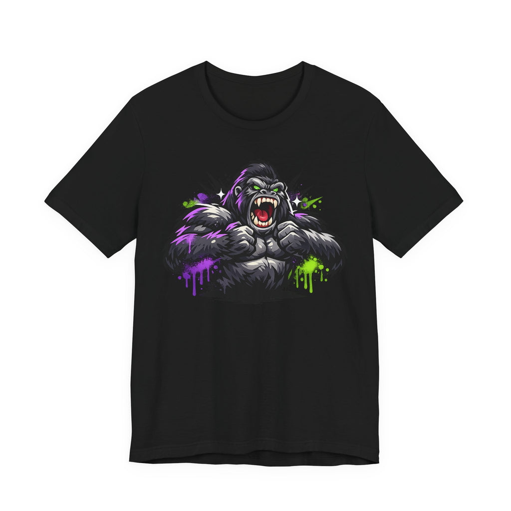 Black graphic gorilla tee with roaring ape illustration and purple/green neon paint drips