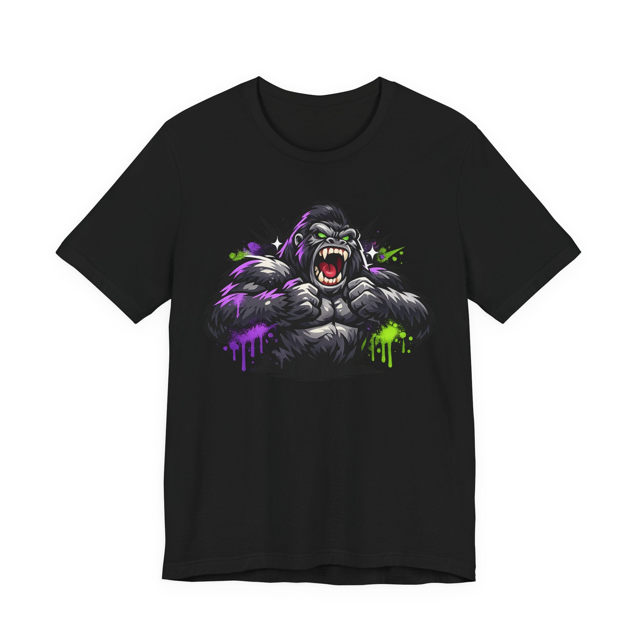 Black graphic gorilla tee with roaring ape illustration and purple/green neon paint drips
