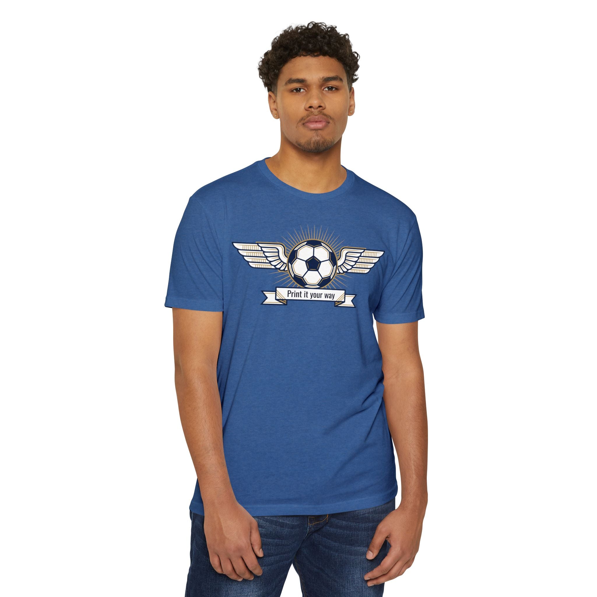 Vintage soccer T-shirt, front with winged ball emblem and ribbon, royal blue
