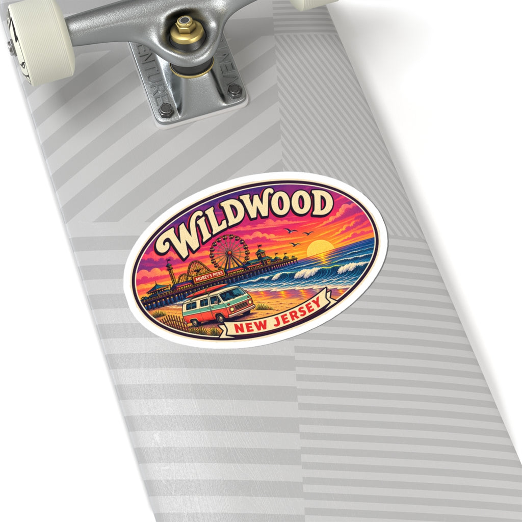 Oval kiss-cut sticker featuring Wildwood boardwalk illustration with red van and sunset.