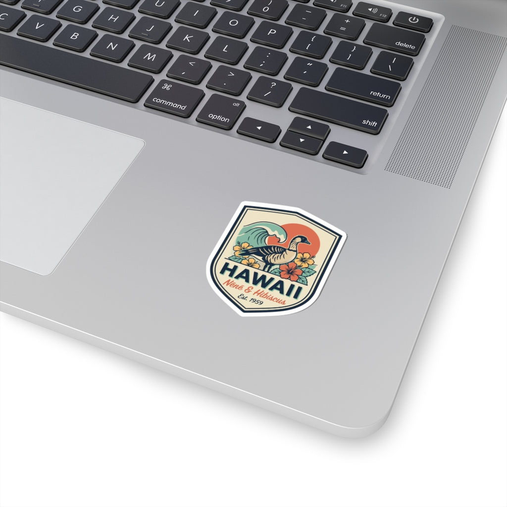 Hawaii nene and hibiscus vintage wave sticker, square badge with bird and flower