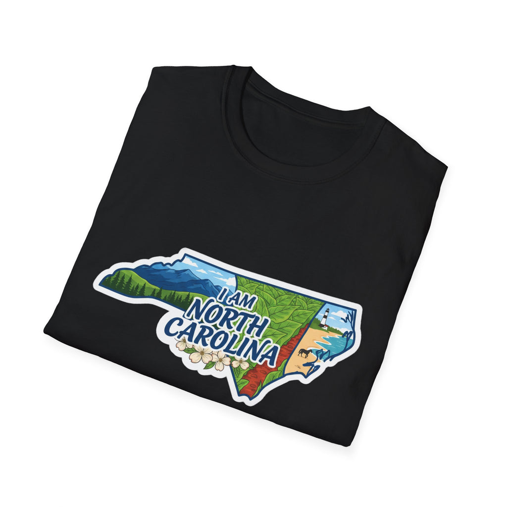 I Am North Carolina T-Shirt, schwarzer Stoff mit Kartenmotiv und Floral-Details