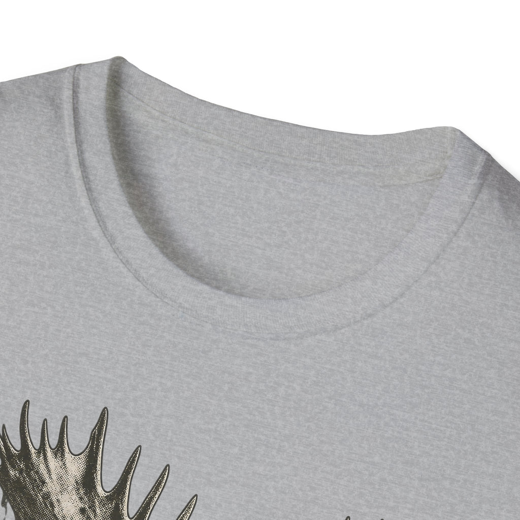 Gray crew-neck T-shirt with partial moose antler graphic at lower left
