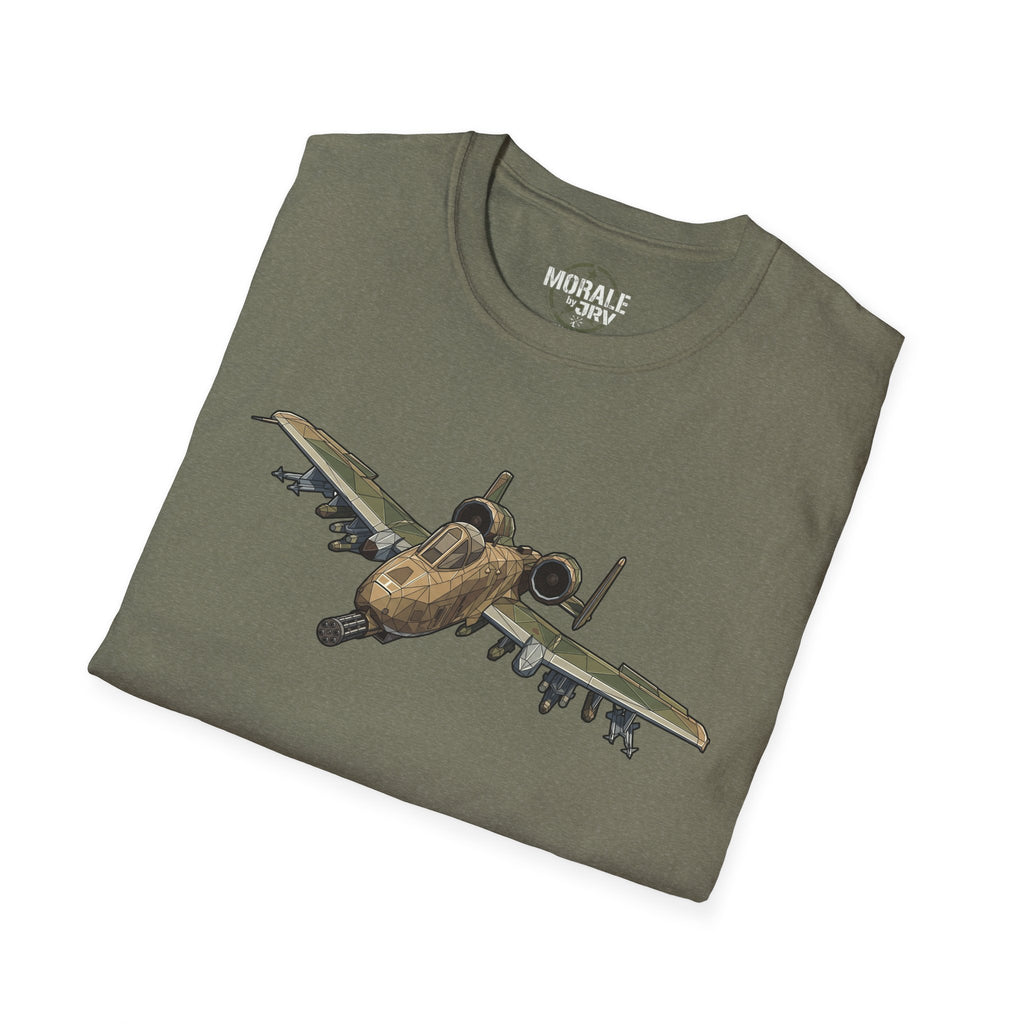 A-10 Warthog T-shirt, olive green with camo attack jet graphic