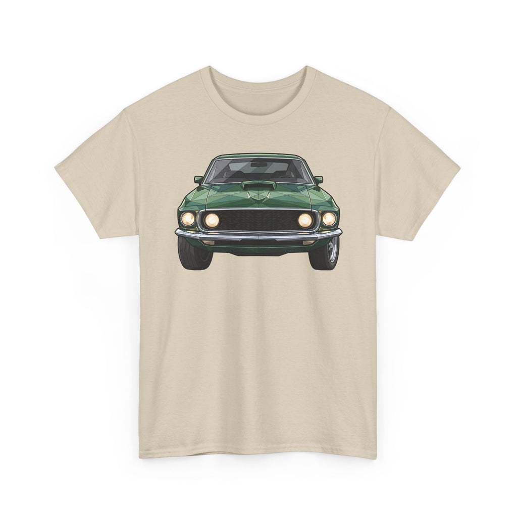 Sand crew-neck t-shirt with vintage green muscle car front illustration