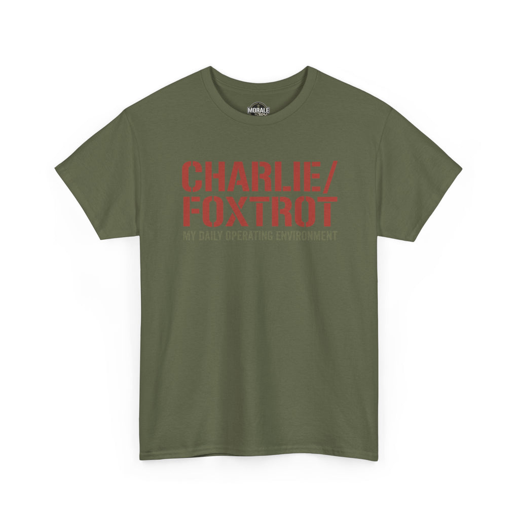 Olive green crewneck T-shirt with red 'CHARLIE/FOXTROT' front graphic.