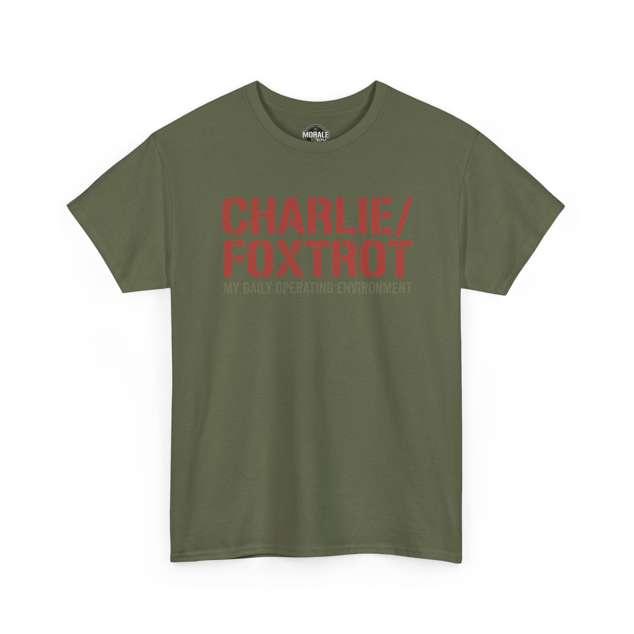 Olive green crewneck T-shirt with red 'CHARLIE/FOXTROT' front graphic.