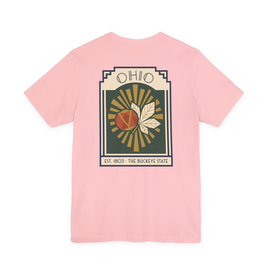 Light pink T-shirt with centered art deco Ohio sunburst graphic and text patch