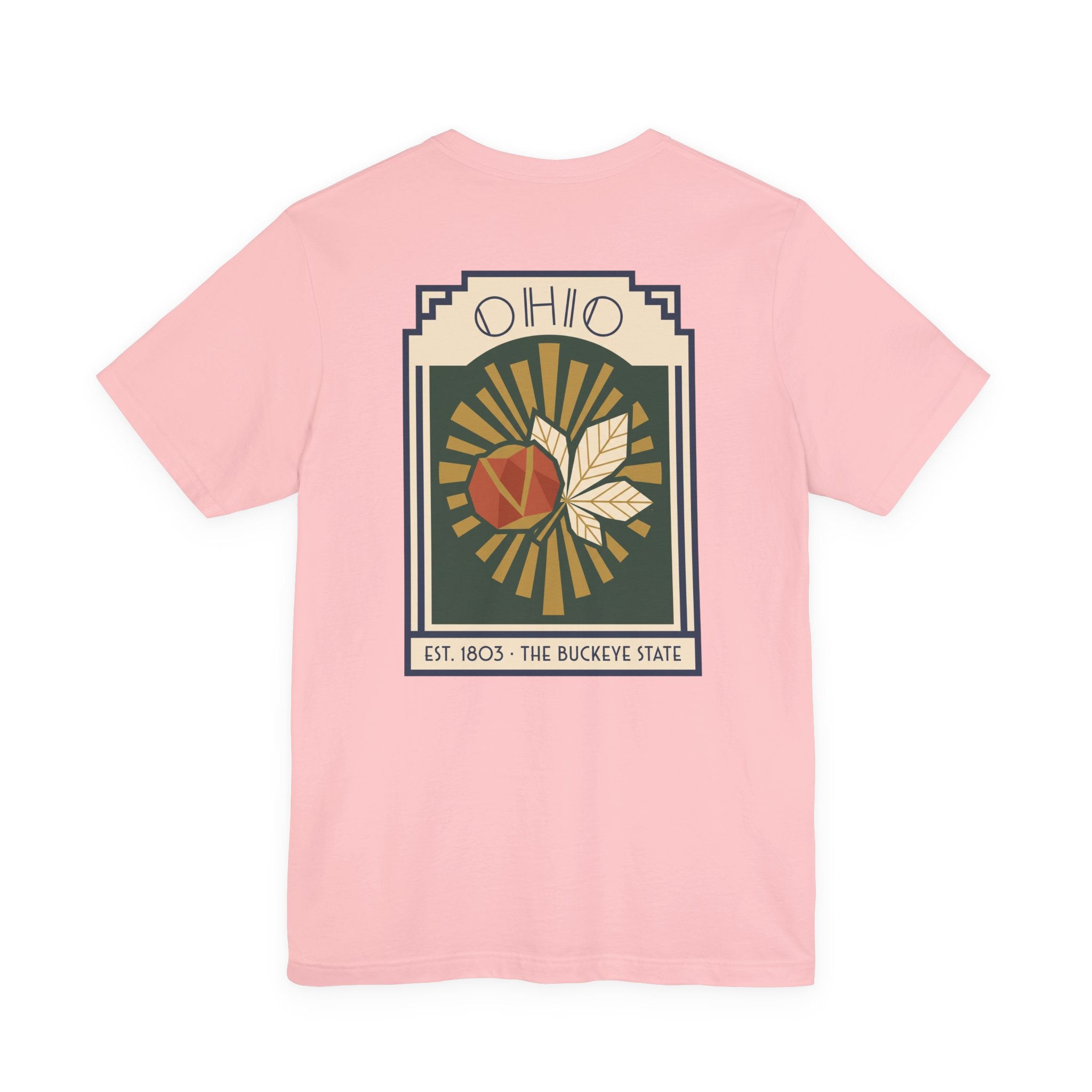 Light pink T-shirt with centered art deco Ohio sunburst graphic and text patch