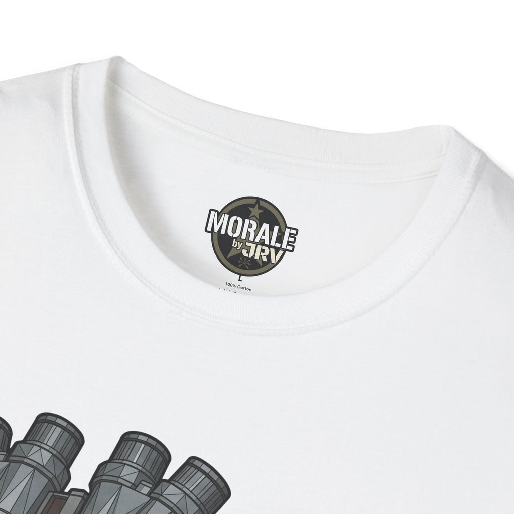 White T-shirt neckline with circular “Morale by DRV” logo patch