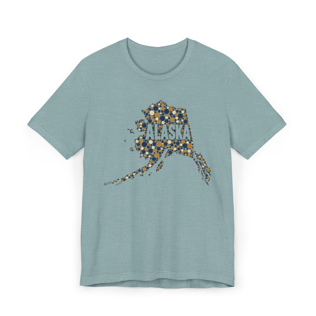 Powder blue Alaska state outline graphic T-shirt with dotted map and “Alaska” text