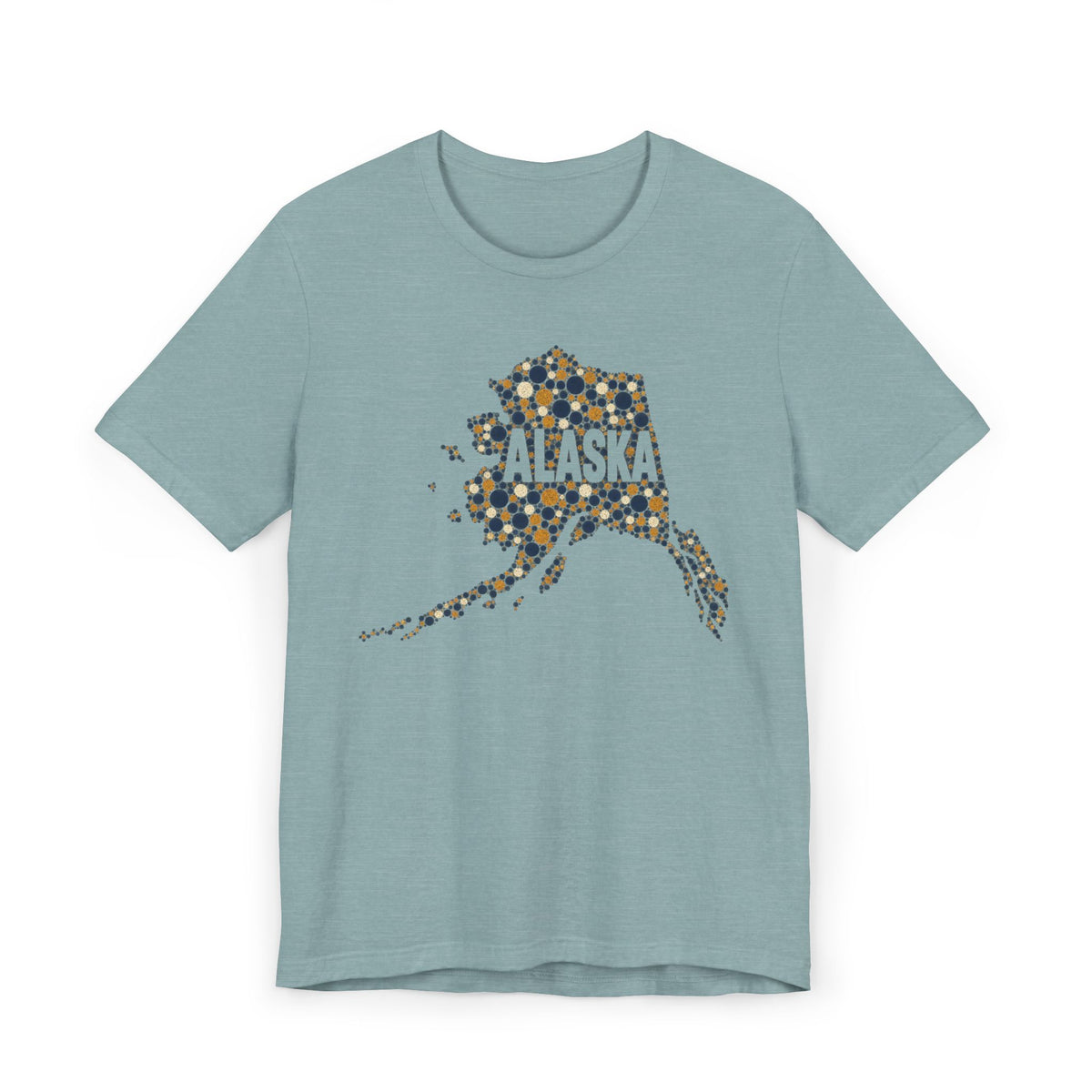 Powder blue Alaska state outline graphic T-shirt with dotted map and “Alaska” text