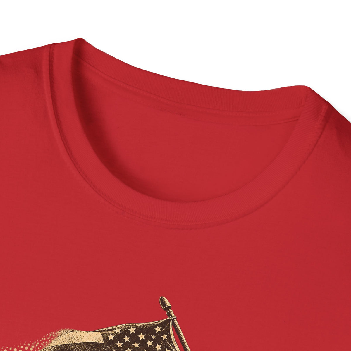 Close-up red T-shirt neckline with partial patriotic soldier flag graphic