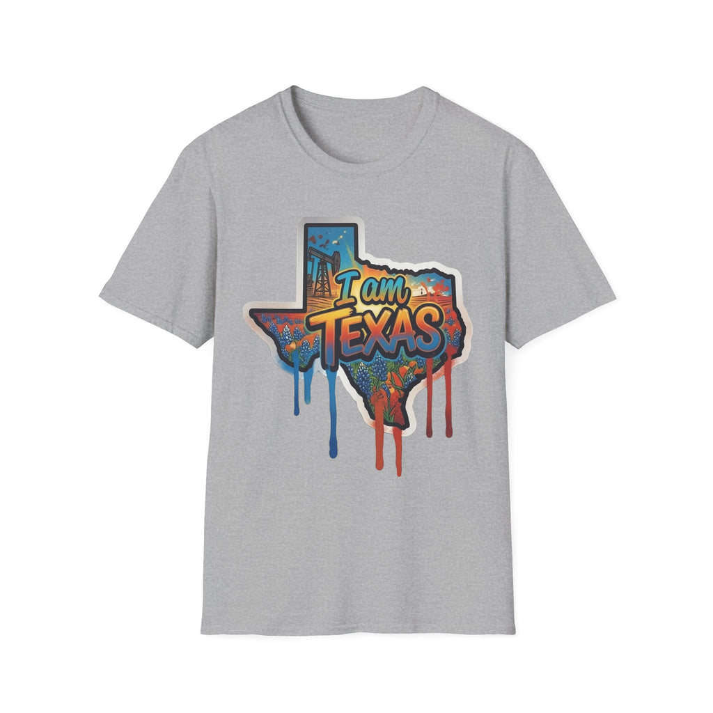 I Am Texas T-shirt (sport grey) with graffiti state outline and skyline “I am Texas” print