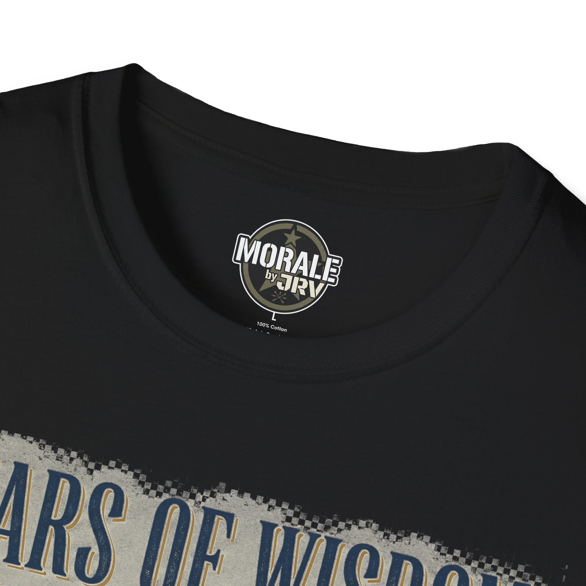 Black T-shirt neckline with chest logo patch