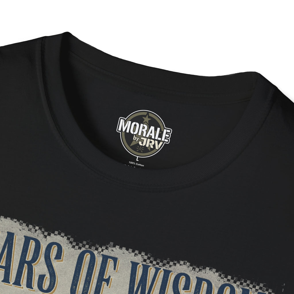 Black T-shirt neckline with circular brand logo and “Years of Wisdom” text