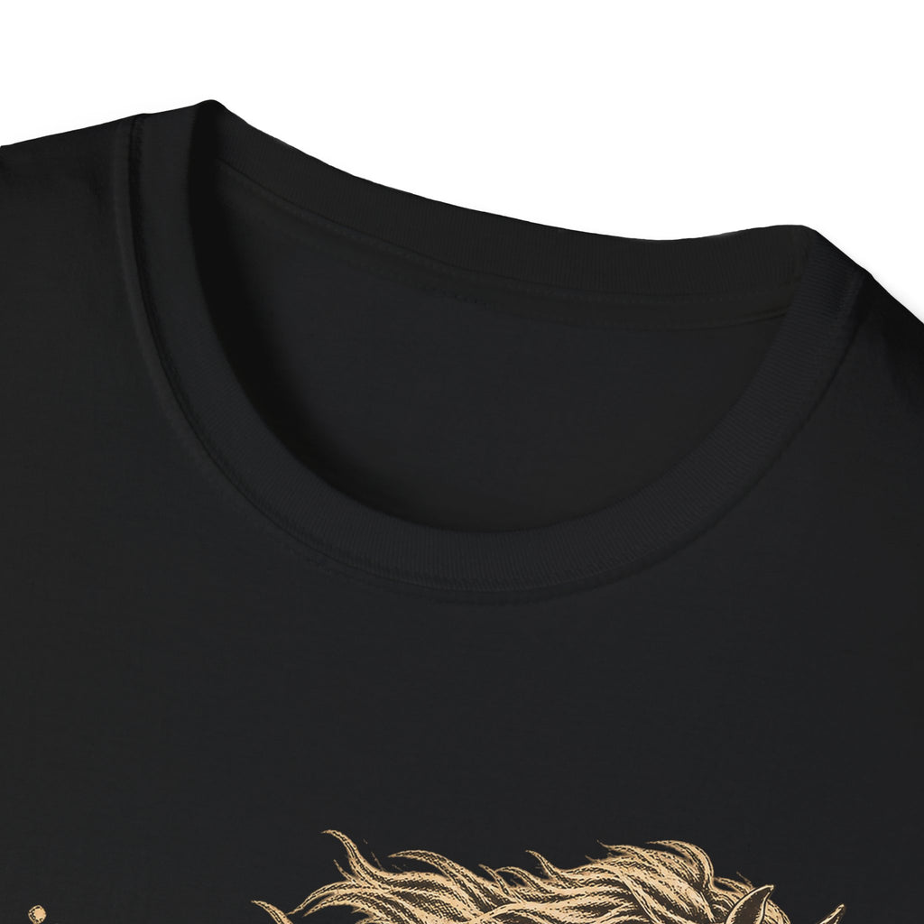 Black T-shirt close-up of crew neckline with gold running horse graphic detail.