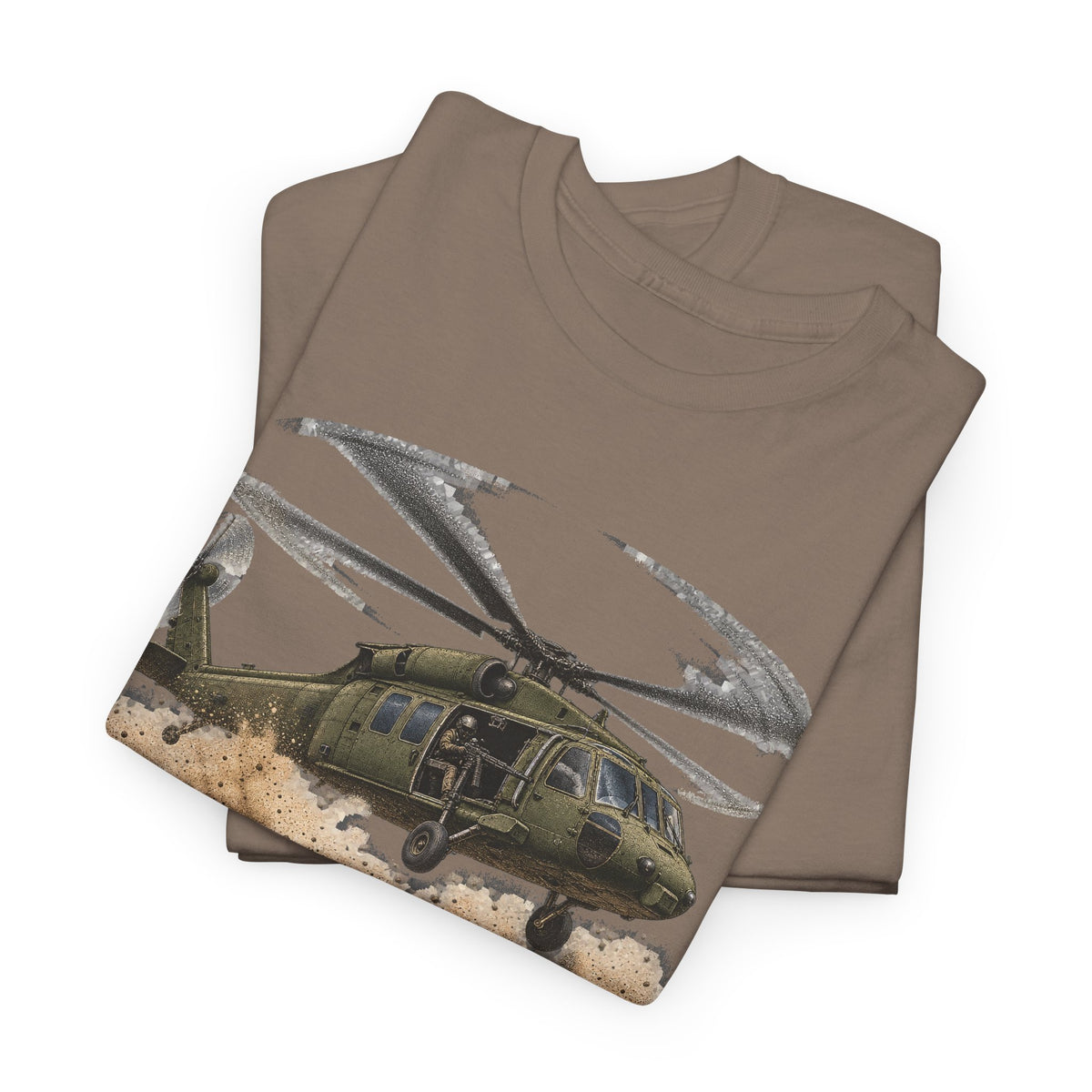 Brown crewneck t-shirt with helicopter graphic on folded front