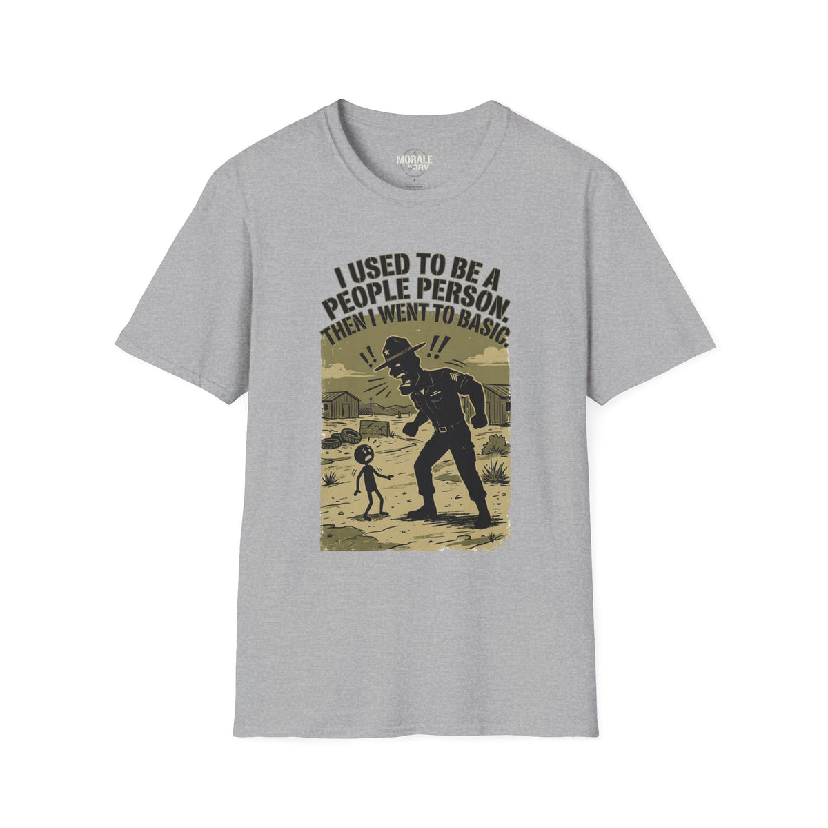 Light gray crewneck T-shirt with 'people person then went basic' graphic
